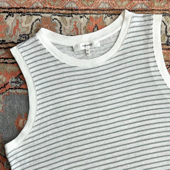 Frame 100% Organic Linen Green Stripe Crew Neck Muscle Tank - Picture 14 of 15